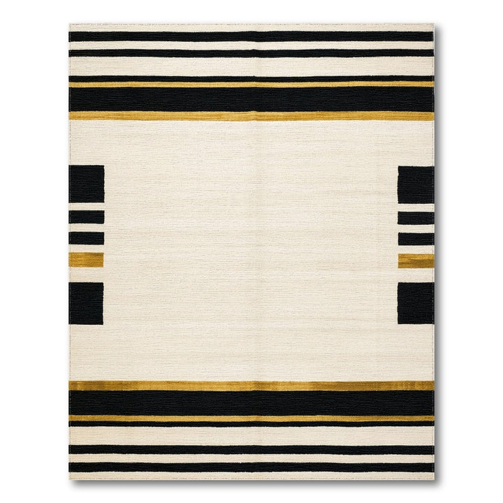 Black and White Black Gold Geometric Striped Area Rug