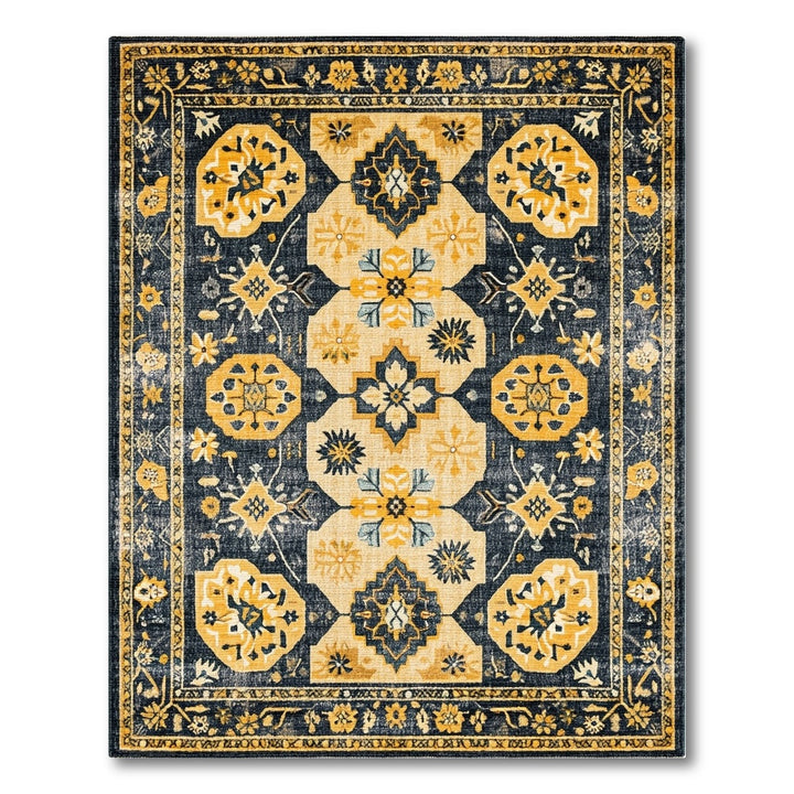 Distressed Navy Yellow Floral Vintage Area Rug