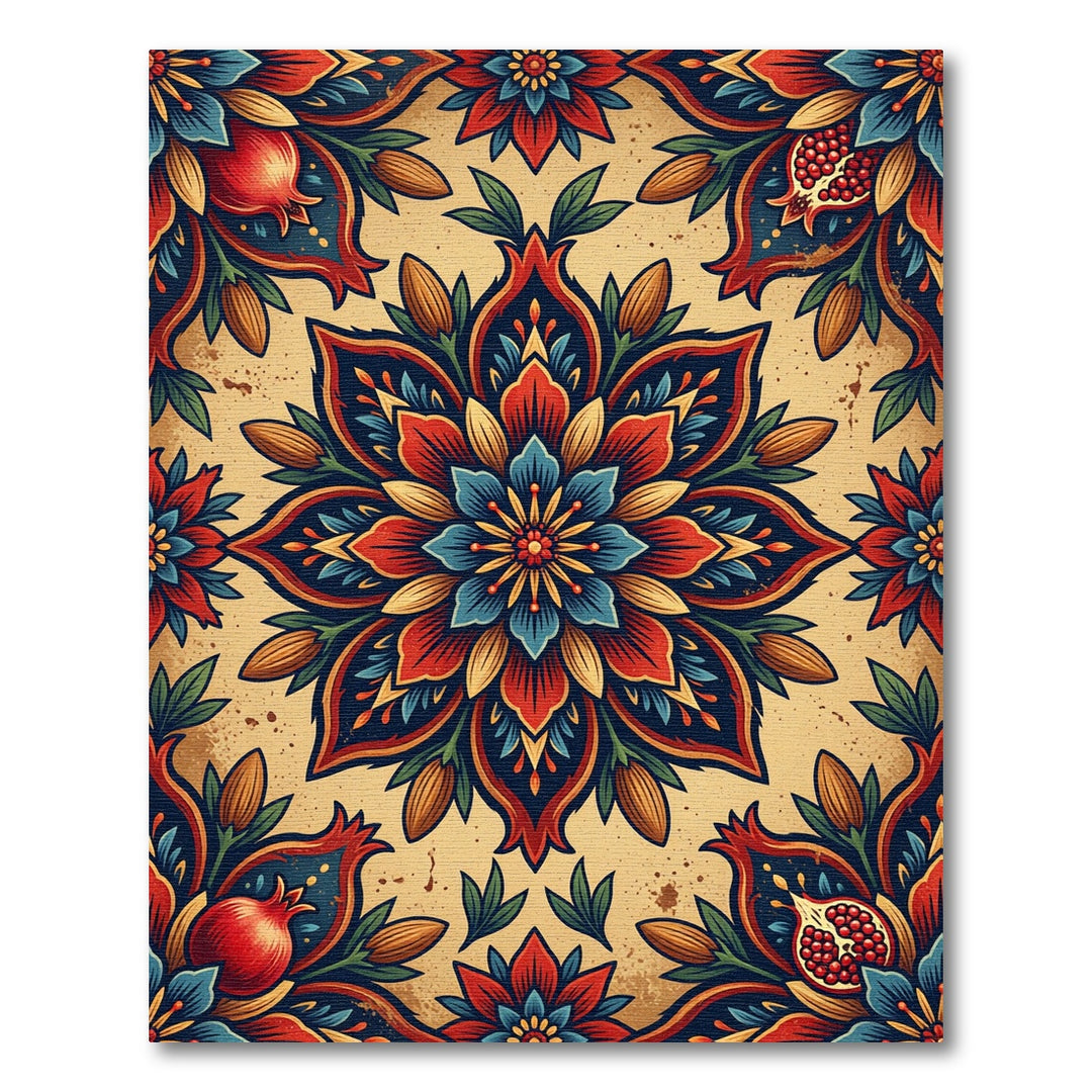 Mandala Pomegranate Floral Scarlet Blue Rug