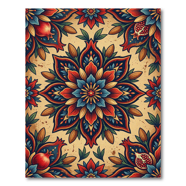 Mandala Pomegranate Floral Scarlet Blue Rug