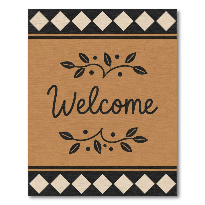 Welcome Brown Tan Leaf Border Area Rug