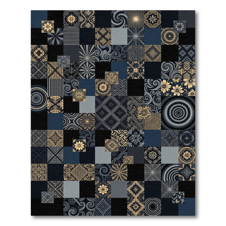 Gold and Navy Geometric Patchwork Collage Rug